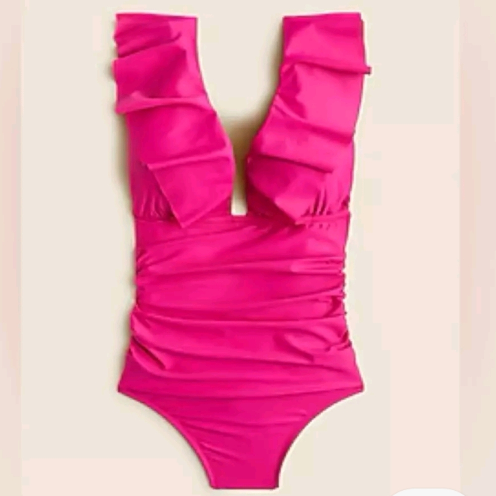 J.Crew Women’s Ruched Ruffle One-Piece Swimsuit Size 10 In Radiant Fuchsia